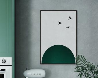 Abstract Emerald Green Rising Sun Birds Print