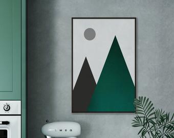 Abstract Emerald Green Mountain Moon Print