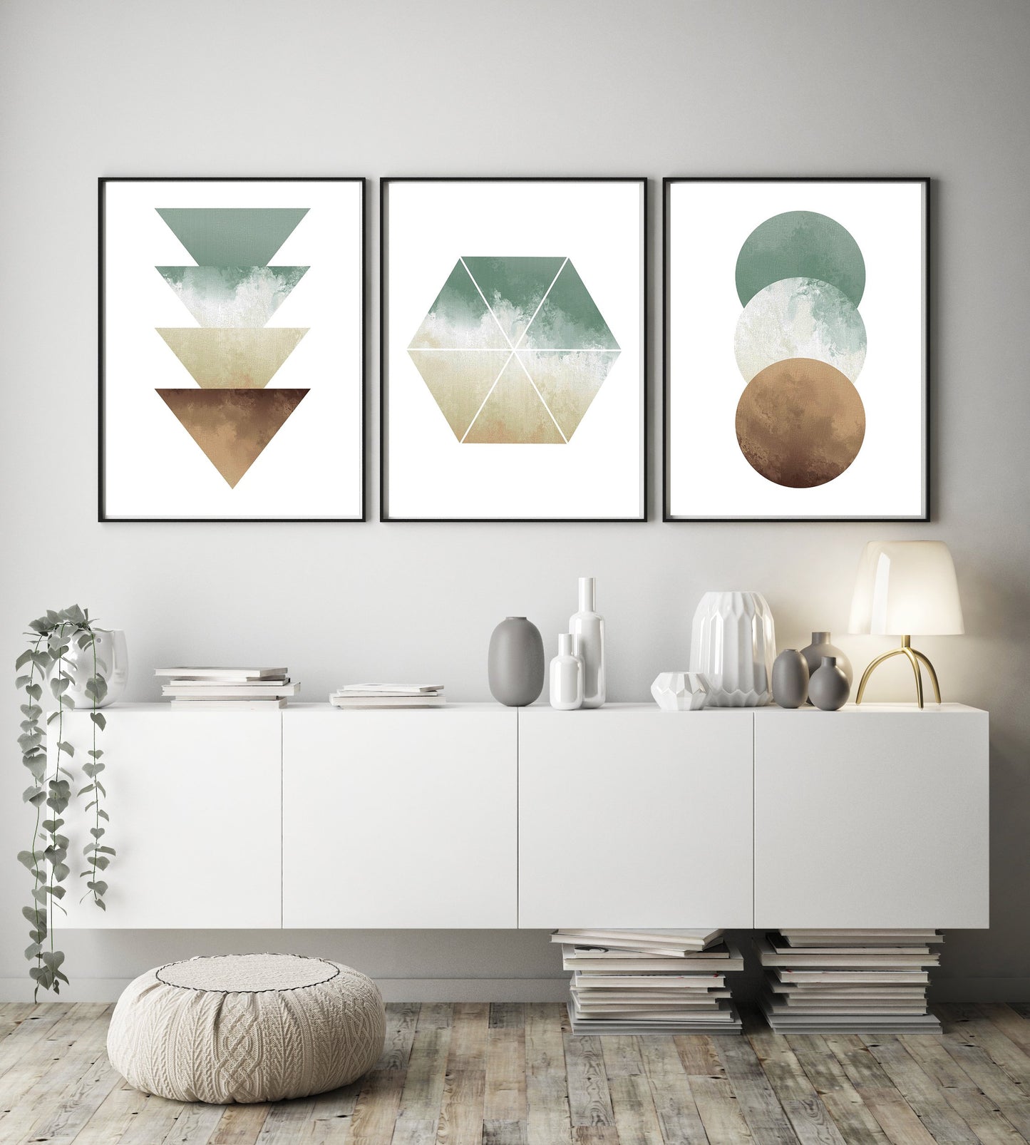 Green and Beige Watercolour Triangles Print